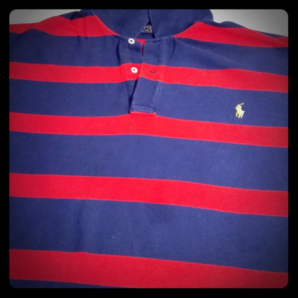 Red and navy blue striped Polo short sleeve shirt